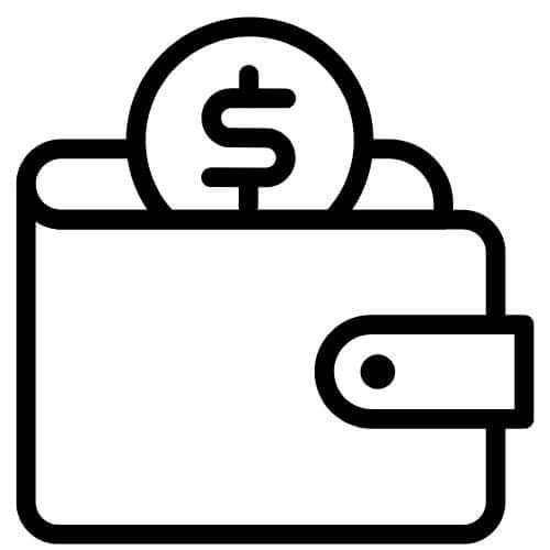 Black and white icon of a wallet with a coin featuring a dollar sign being inserted into it.