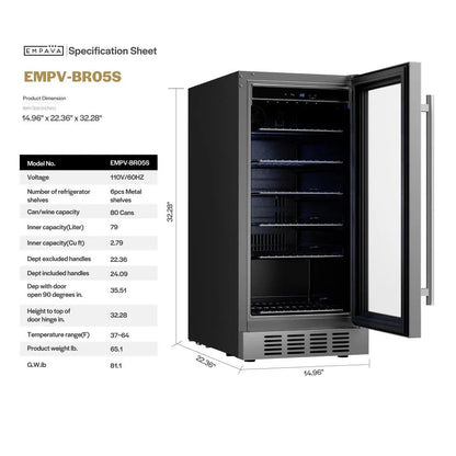 Empava 15 Inch Beverage Refrigerator with Glass Door 80 Cans EMPV-BR05S