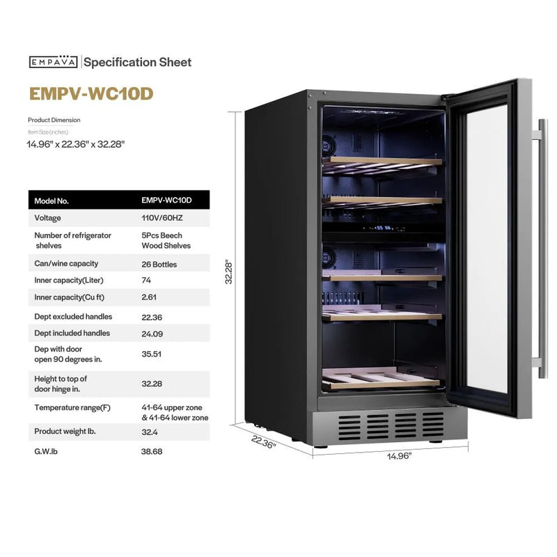 Empava 15 Inch Dual Zone Small Wine Fridge 26 Bottles EMPV-WC10D