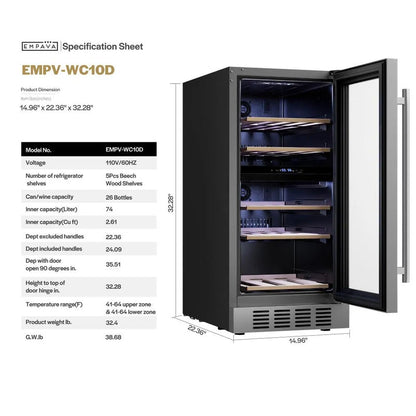 Empava 15 Inch Dual Zone Small Wine Fridge 26 Bottles EMPV-WC10D