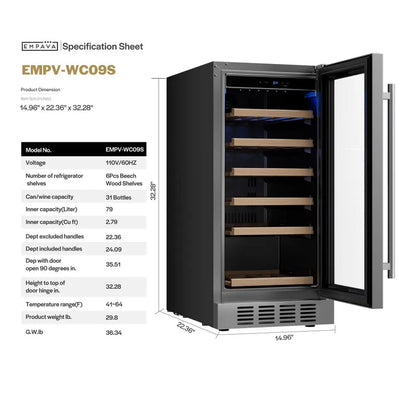 Empava 15 Inch Wine Cooler Wine Fridge 31 Bottles EMPV-WC09S