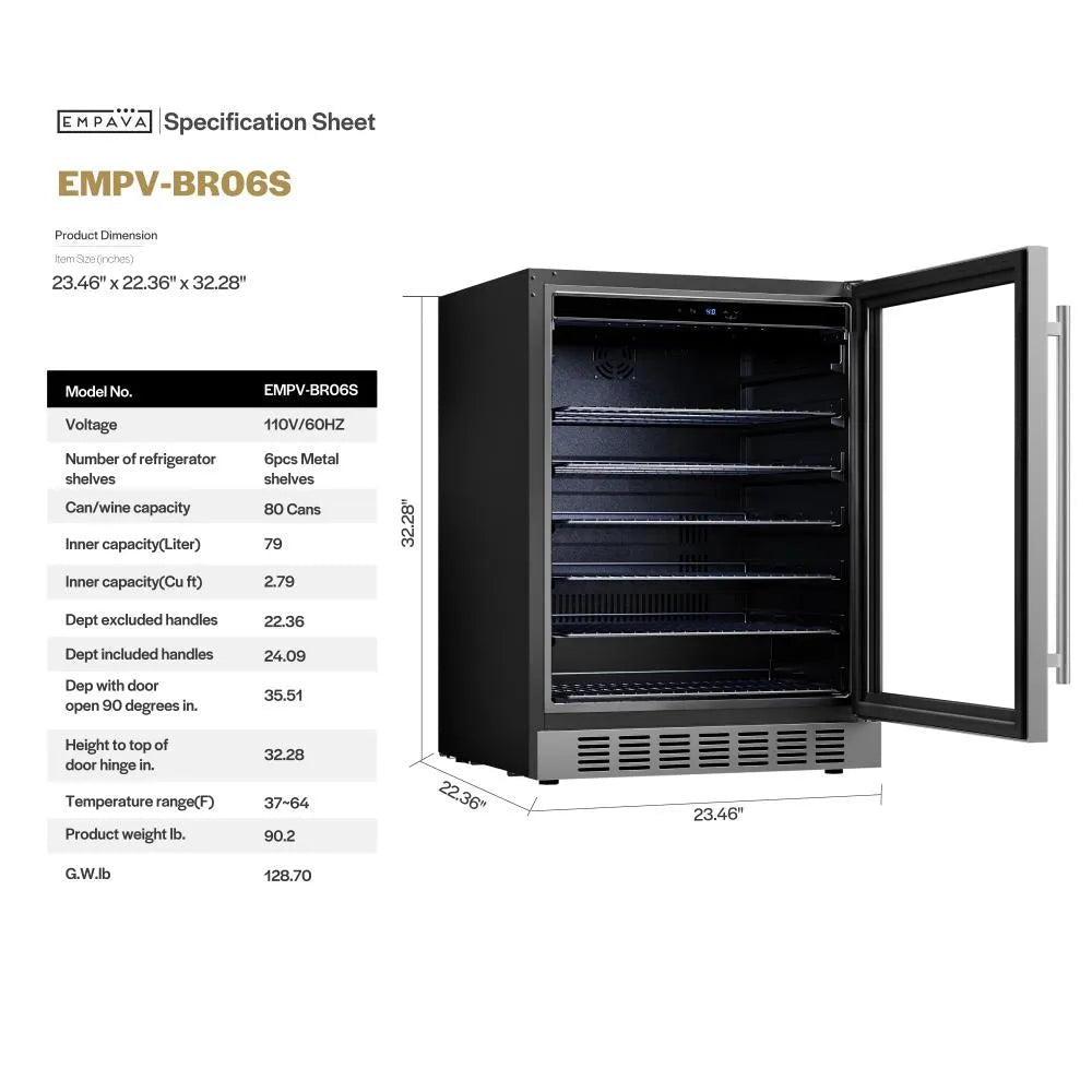 Empava 24 Inch Beverage Refrigerator with Glass Door 140 Cans EMPV-BR06S