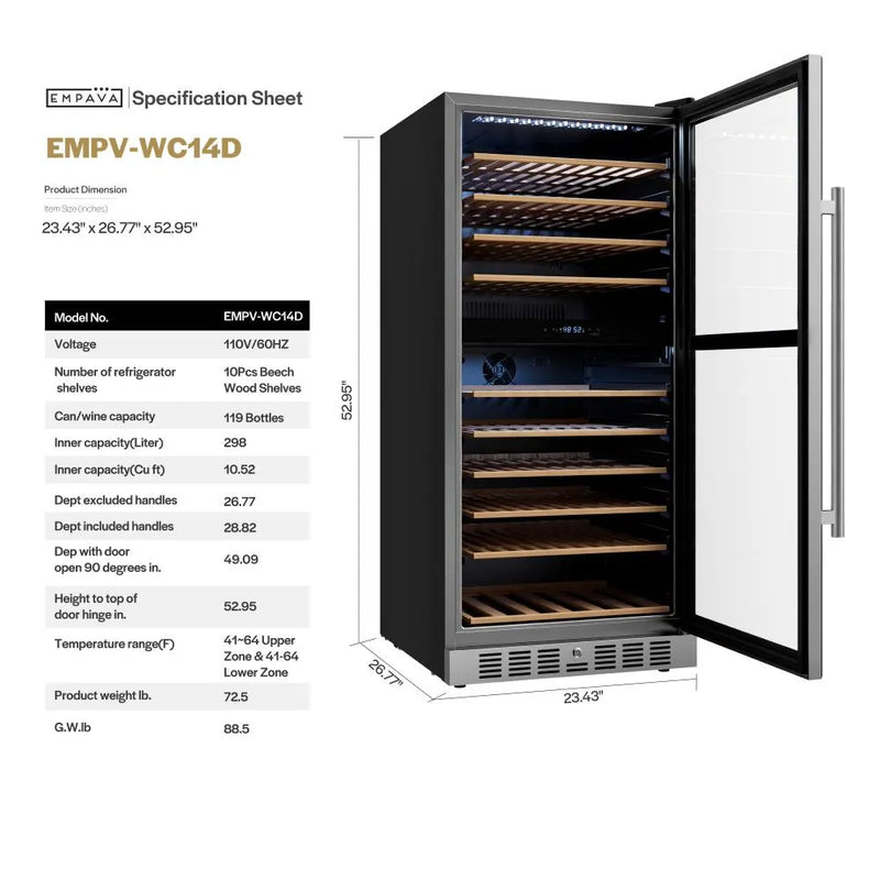 Empava 24 Inch Dual Zone Wine Cooler 53 Inch Tall Wine Refrigerator EMPV-WC14D