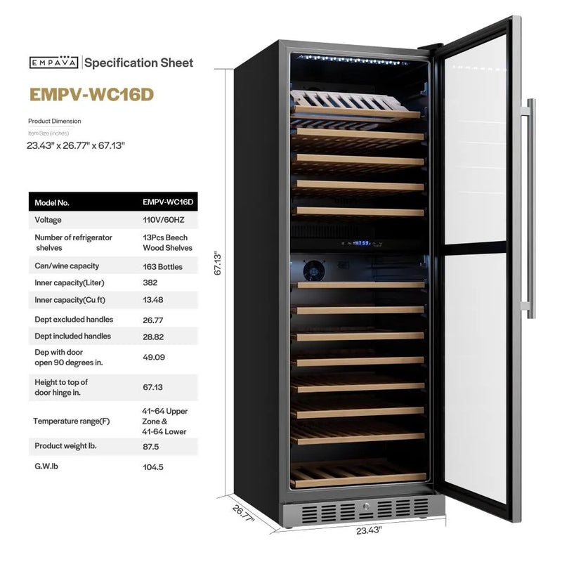 Empava 24-Inch Dual Zone Wine Cooler 67-Inch Tall Wine Refrigerator EMPV-WC16D