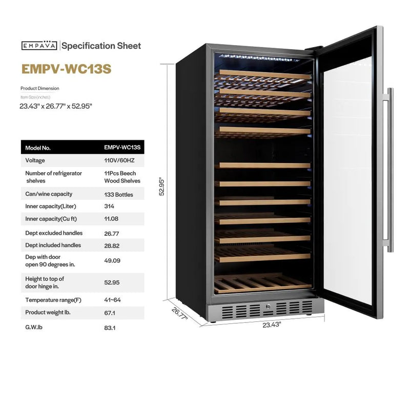 Empava 24 Inch Wine Cooler 53 Inch Tall Wine Refrigerator EMPV-WC13S