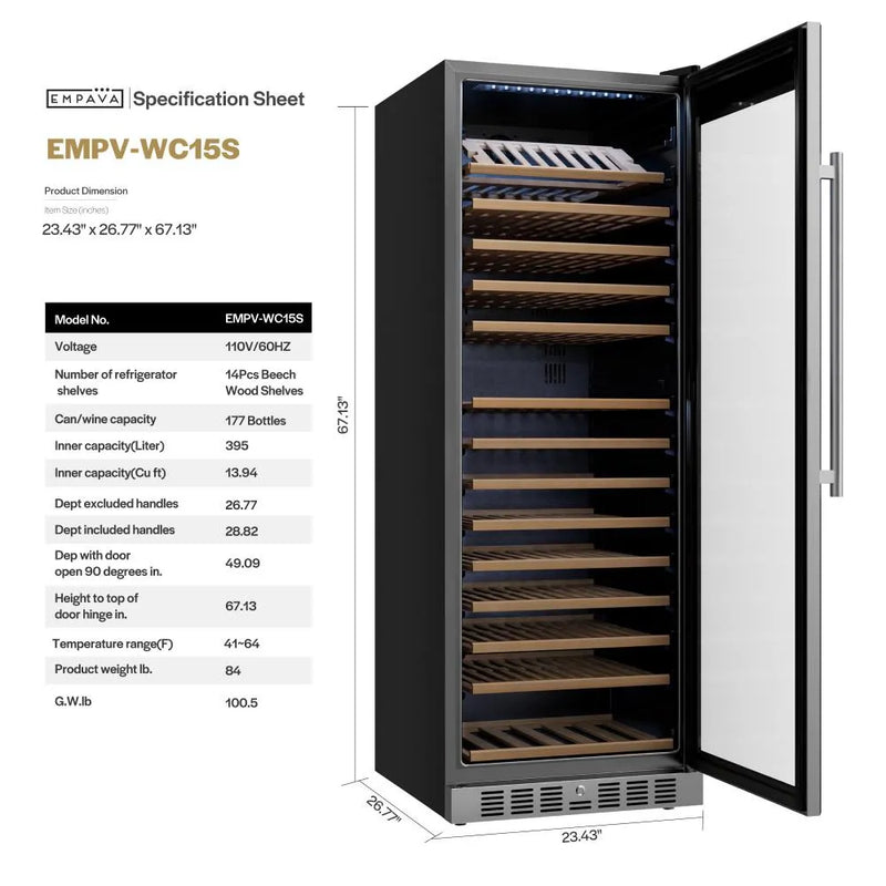 Empava 24 Inch Wine Cooler 67 Inch Tall Wine Refrigerator EMPV-WC15S