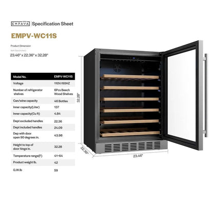Empava 24 Inch Wine Cooler Wine Fridge 46 Bottles EMPV-WC11S