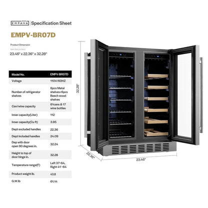 Empava 24 Inch Dual Zone Wine and Beer Fridge Beverage Cooler EMPV-BR07D