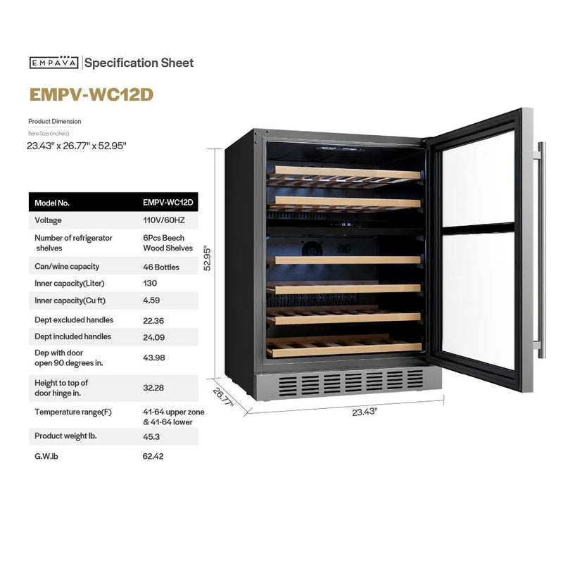 Empava 24 Inch Dual Zone Wine Cooler Wine Refrigerator EMPV-WC12D