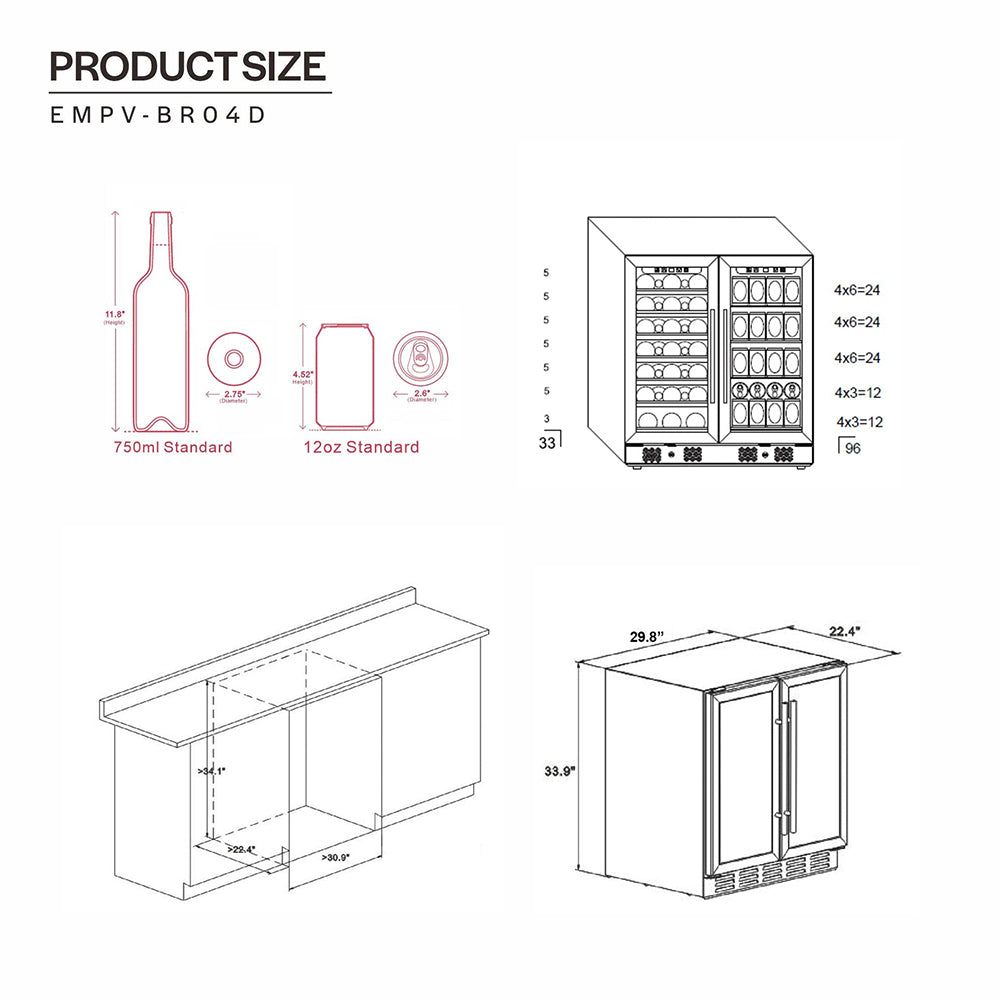 Empava 30 Inch Dual Zone Wine & Beverage Cooler Fridge EMPV-BR04D
