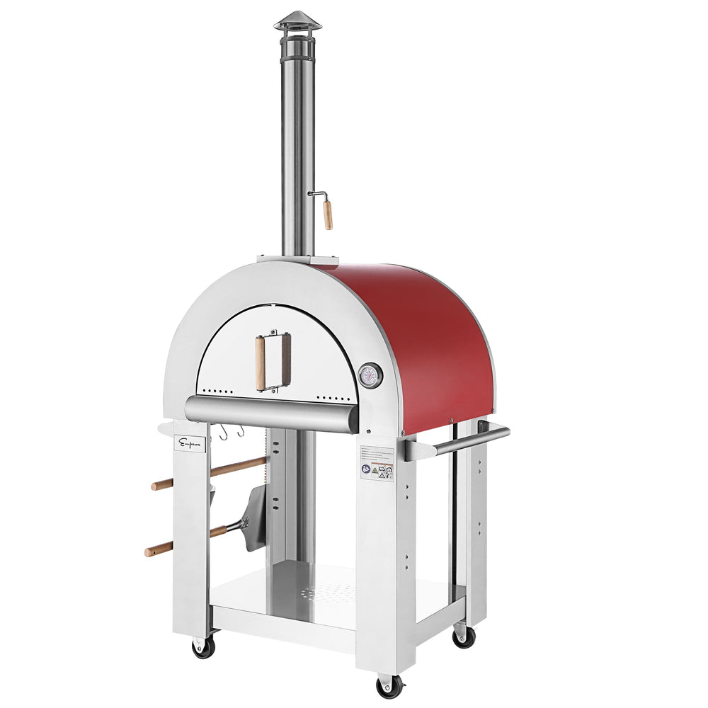 The Empava Italian Red Outdoor Wood Fired Pizza Oven (EMPV-PG06) features a curved top, stainless steel body, chimney, temperature gauge, wood handles, side shelves, tool hooks, and wheels—perfect for outdoor pizza making.