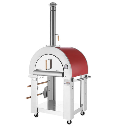 The Empava Italian Red Outdoor Wood Fired Pizza Oven (EMPV-PG06) features a curved top, stainless steel body, chimney, temperature gauge, wood handles, side shelves, tool hooks, and wheels—perfect for outdoor pizza making.
