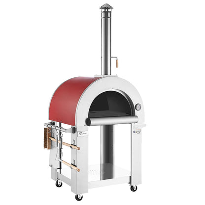 The Empava Italian Red Outdoor Wood Fired Pizza Oven EMPV-PG06 by Empava features a stainless steel curved top, chimney, temperature gauge, wooden handles, wheels, storage space, and side cooking tools—ideal for outdoor pizza lovers.