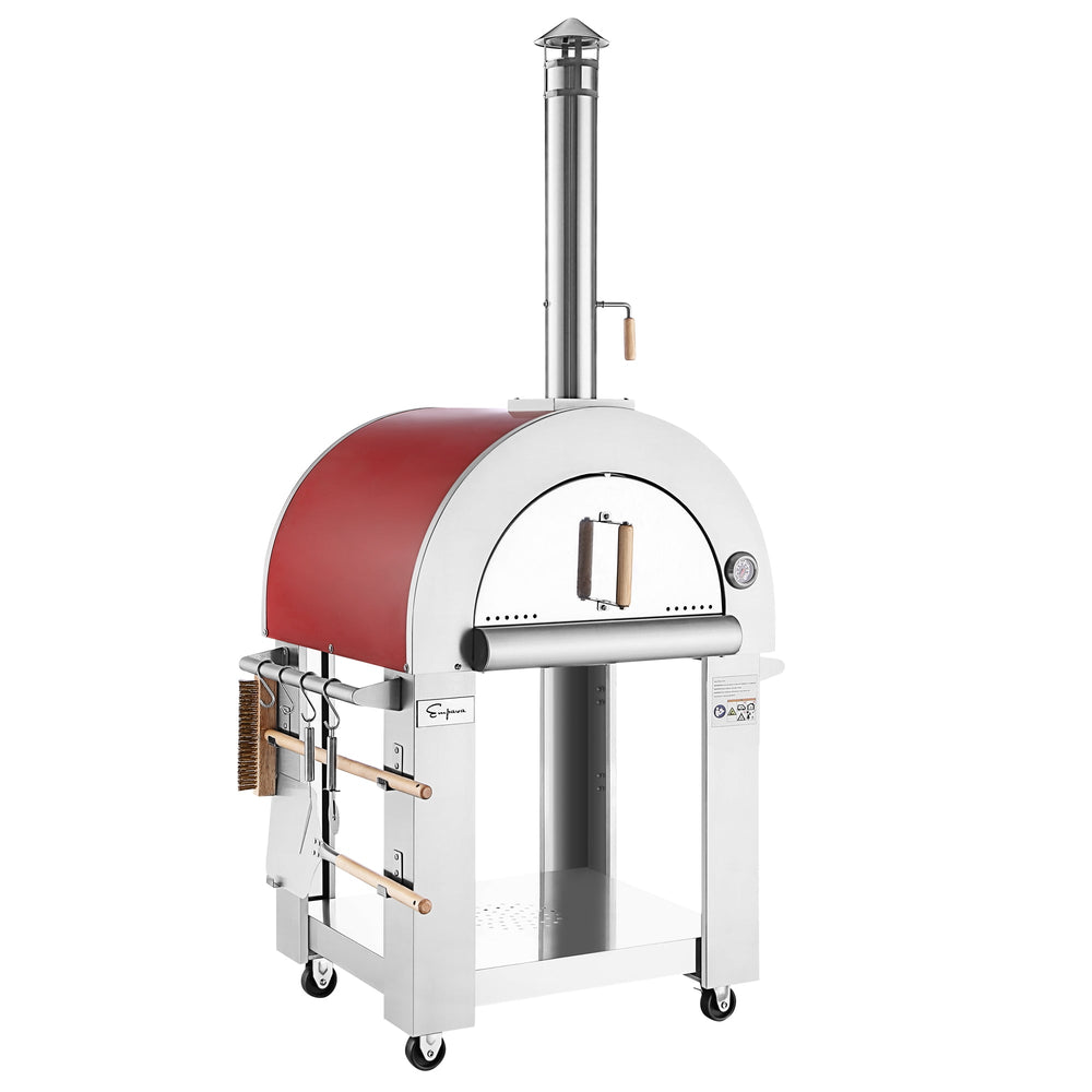 The Empava Italian Red Outdoor Wood Fired Pizza Oven EMPV-PG06 features a stainless steel curved top, chimney, wooden handles, side tool holders, wheels for mobility, and hanging cooking tools for an authentic outdoor cooking experience.