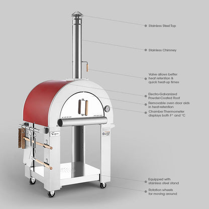 The Empava Outdoor Red Wood Fired Pizza Oven (EMPV-PG06) features a red top, stainless steel chimney, handle, fast cooking, valve, powder-coated rod, removable door, chamber thermometer, side shelves, tool hooks, and wheels for mobility.