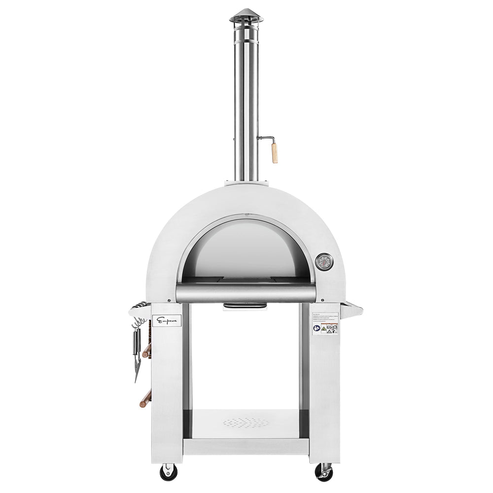 The Empava Italian Red Outdoor Wood Fired Pizza Oven EMPV-PG06, featuring a chimney, temperature gauge, utensil hooks, and wheels, is shown against a white background—perfect for bringing authentic pizzeria flavor to your backyard.
