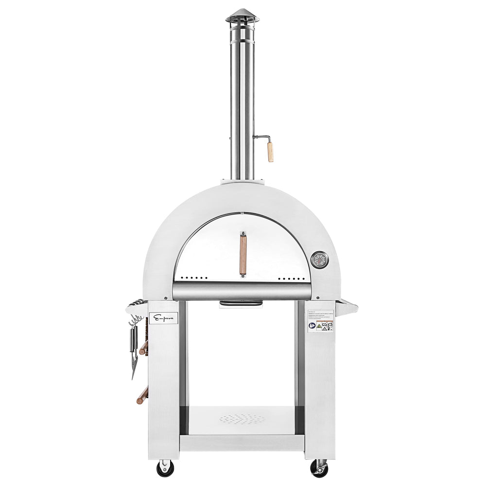 The Empava Italian Red Outdoor Wood Fired Pizza Oven EMPV-PG06 features stainless steel construction, a chimney, front door with wooden handle, side tool rack, wheels, and a built-in thermometer on the right side.
