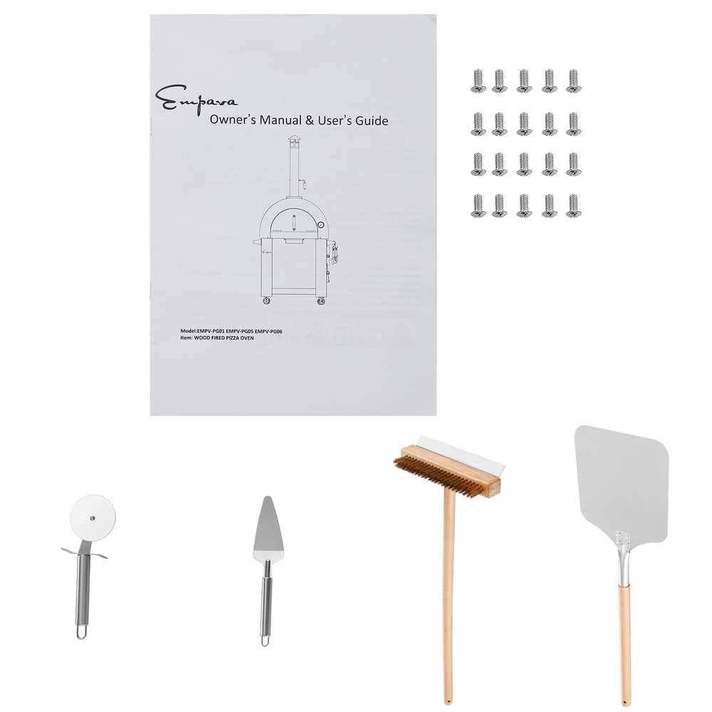 Flat lay of the Empava Outdoor Red Wood Fired Pizza Oven EMPV-PG06 accessory kit by Empava, featuring an owner's manual, screws, pizza cutter, server, cleaning brush with wooden handle, and metal pizza peel for quick cooking.