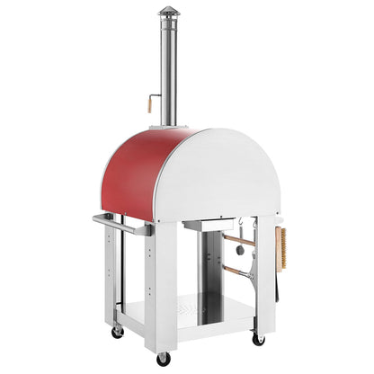 The Empava Italian Red Outdoor Wood Fired Pizza Oven EMPV-PG06 features a stainless steel curved top, chimney, wheels, side handles, and includes cooking tools like a brush and pizza peel for authentic outdoor cooking.