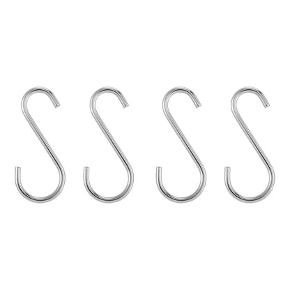Four silver metal S-shaped hooks are lined up horizontally against a white background, ideal for hanging utensils while using your Empava Italian Red Outdoor Wood Fired Pizza Oven EMPV-PG06.