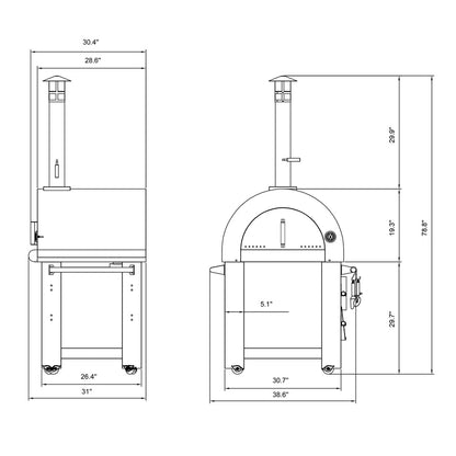 Technical line drawing of the Empava Outdoor Red Wood Fired Pizza Oven EMPV-PG06 by Empava, with chimney, shown from front and side views. Labeled inches indicate height, width, depth, and key features of this fast-cooking wood fired oven.