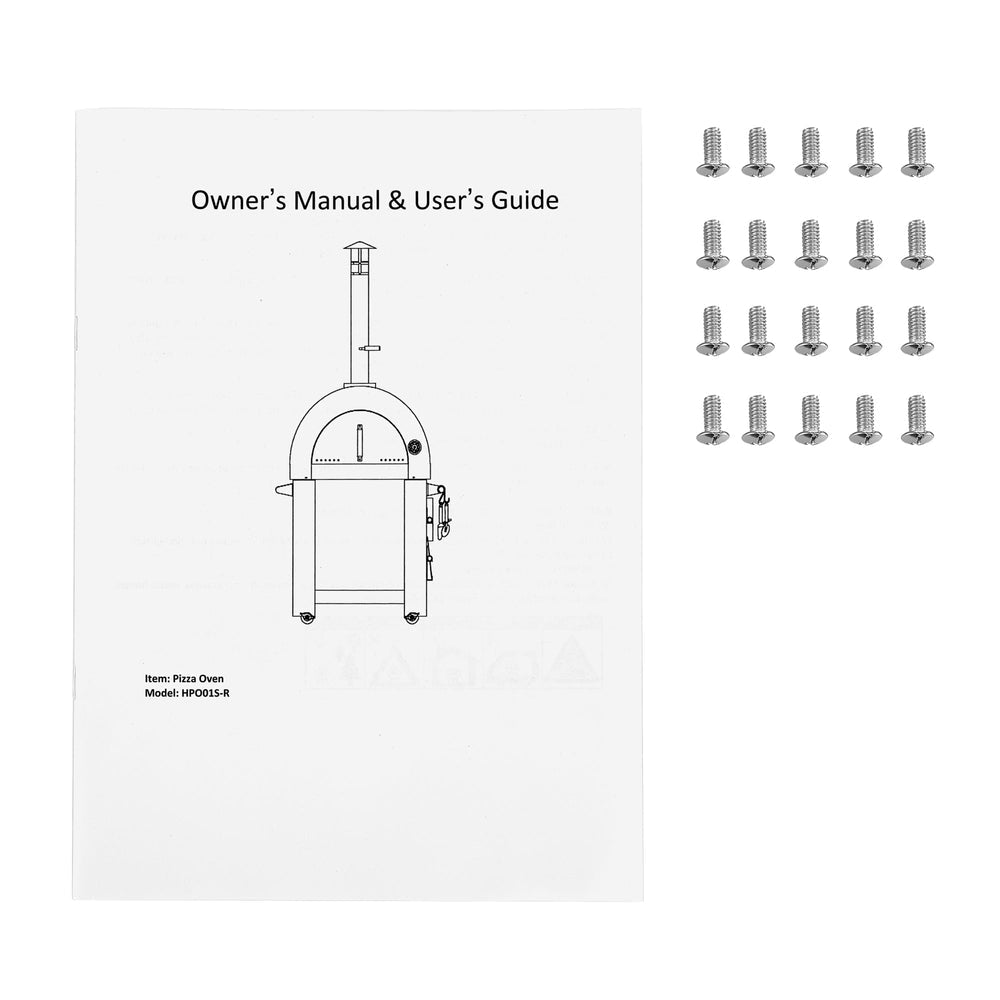 A printed owner's manual and user’s guide for the Empava Outdoor Red Wood Fired Pizza Oven EMPV-PG06 sits on a white surface next to sixteen metal screws arranged in a 4x4 grid, ready for assembling your Empava pizza oven.