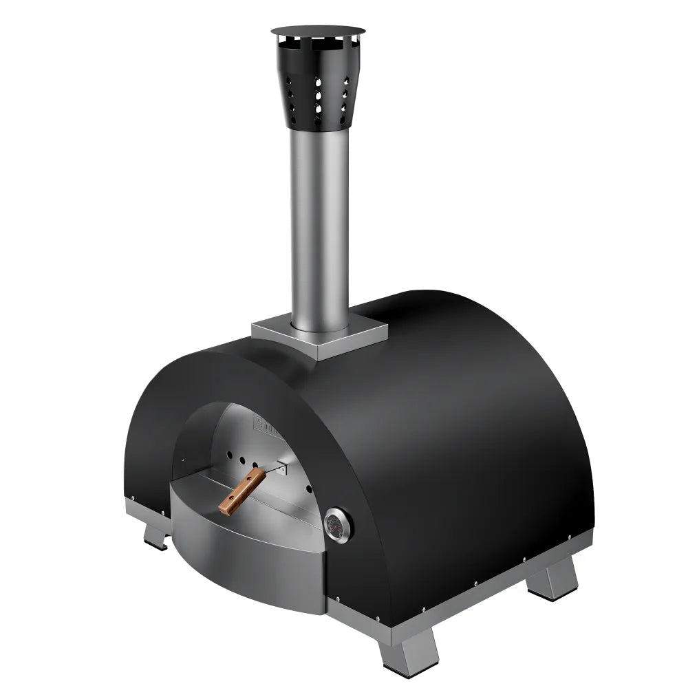 The Empava Outdoor Wood Fired Pizza Oven by Empava features a black and silver design, chimney, thermometer, and four sturdy legs—perfect for authentic wood-fired cooking outdoors.