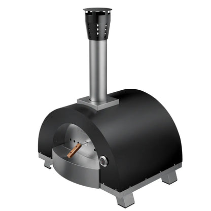 The Empava Outdoor Wood Fired Pizza Oven by Empava features a black and silver design, chimney, thermometer, and four sturdy legs—perfect for authentic wood-fired cooking outdoors.