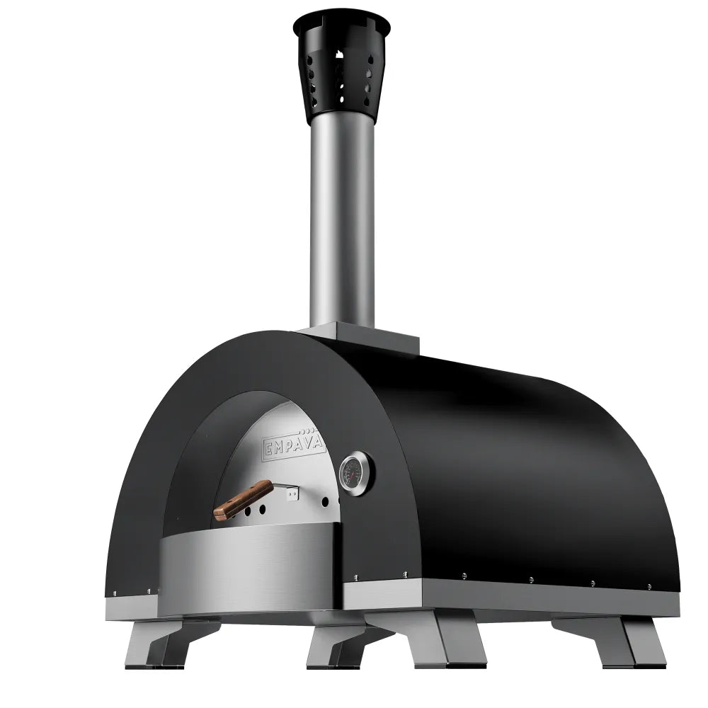 The Empava Outdoor Wood Fired Pizza Oven by Empava features a black and silver finish, chimney, curved top, front temperature gauge, and four sturdy legs, all showcased against a white background.