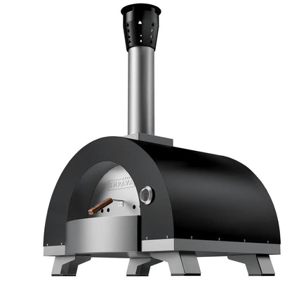The Empava Outdoor Wood Fired Pizza Oven by Empava features a black and silver finish, chimney, curved top, front temperature gauge, and four sturdy legs, all showcased against a white background.