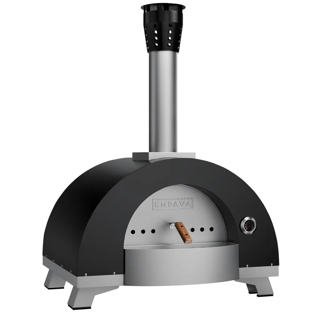 The Empava Outdoor Wood Fired Pizza Oven features a black and silver design with a chimney, built-in thermometer, wooden front handle, four sturdy legs, and the Empava brand name on the front.