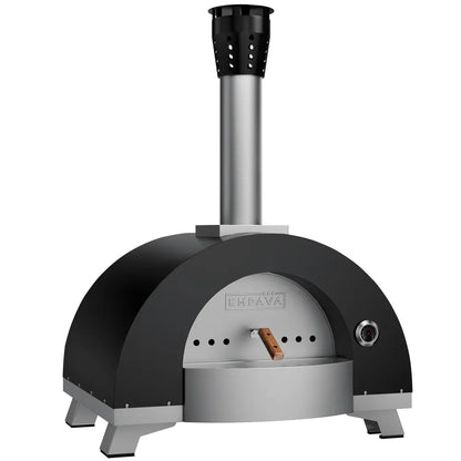 The Empava Outdoor Wood Fired Pizza Oven features a black and silver design with a chimney, built-in thermometer, wooden front handle, four sturdy legs, and the Empava brand name on the front.