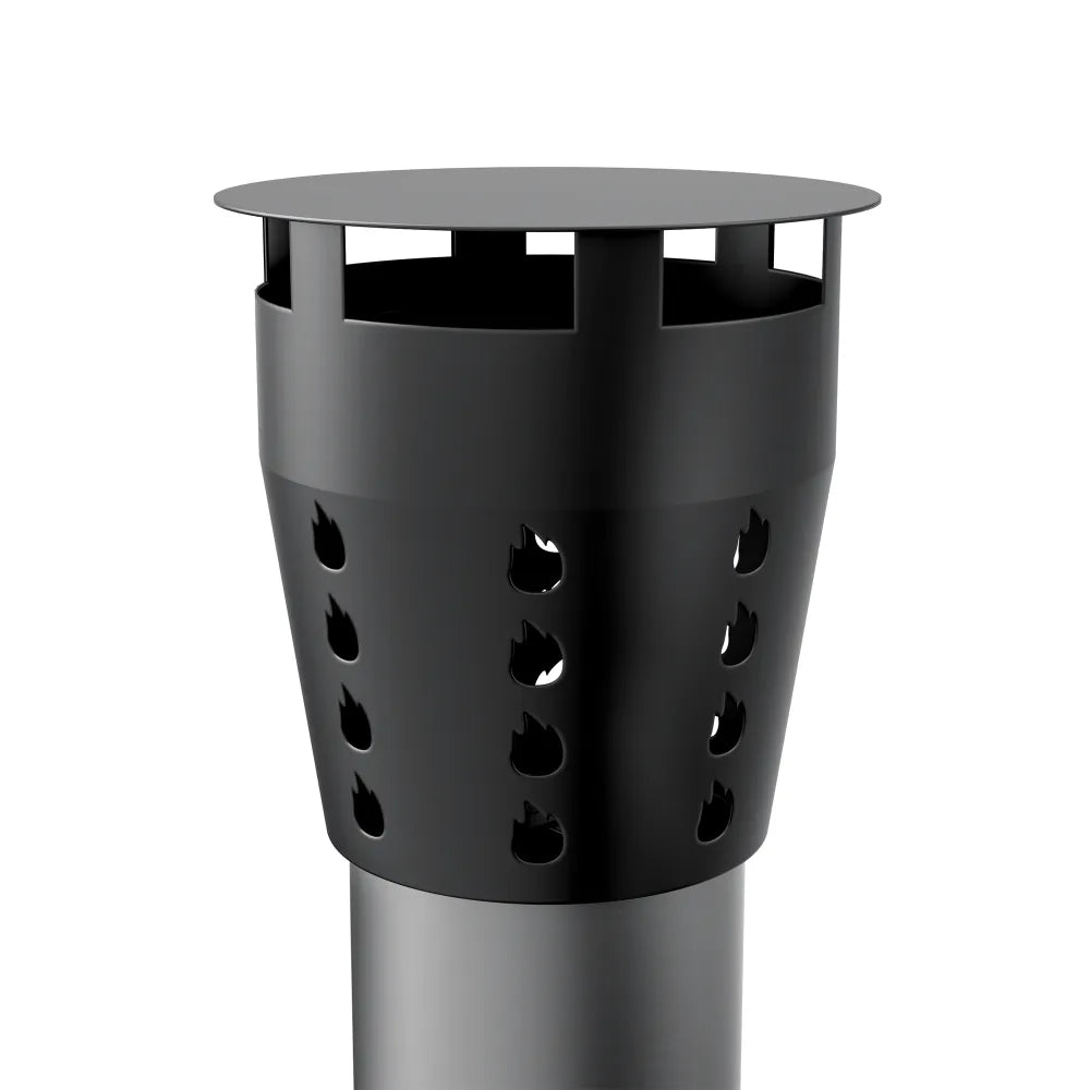 The Empava Outdoor Wood Fired Pizza Oven features a black cylindrical chimney cap by Empava with a vented, cone-shaped design, flat circular top, and multiple flame-shaped cutouts—an essential accessory for outdoor pizza ovens.