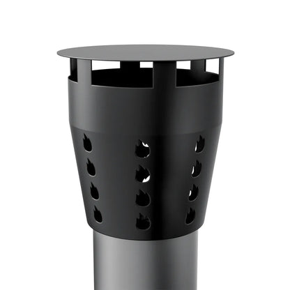The Empava Outdoor Wood Fired Pizza Oven features a black cylindrical chimney cap by Empava with a vented, cone-shaped design, flat circular top, and multiple flame-shaped cutouts—an essential accessory for outdoor pizza ovens.