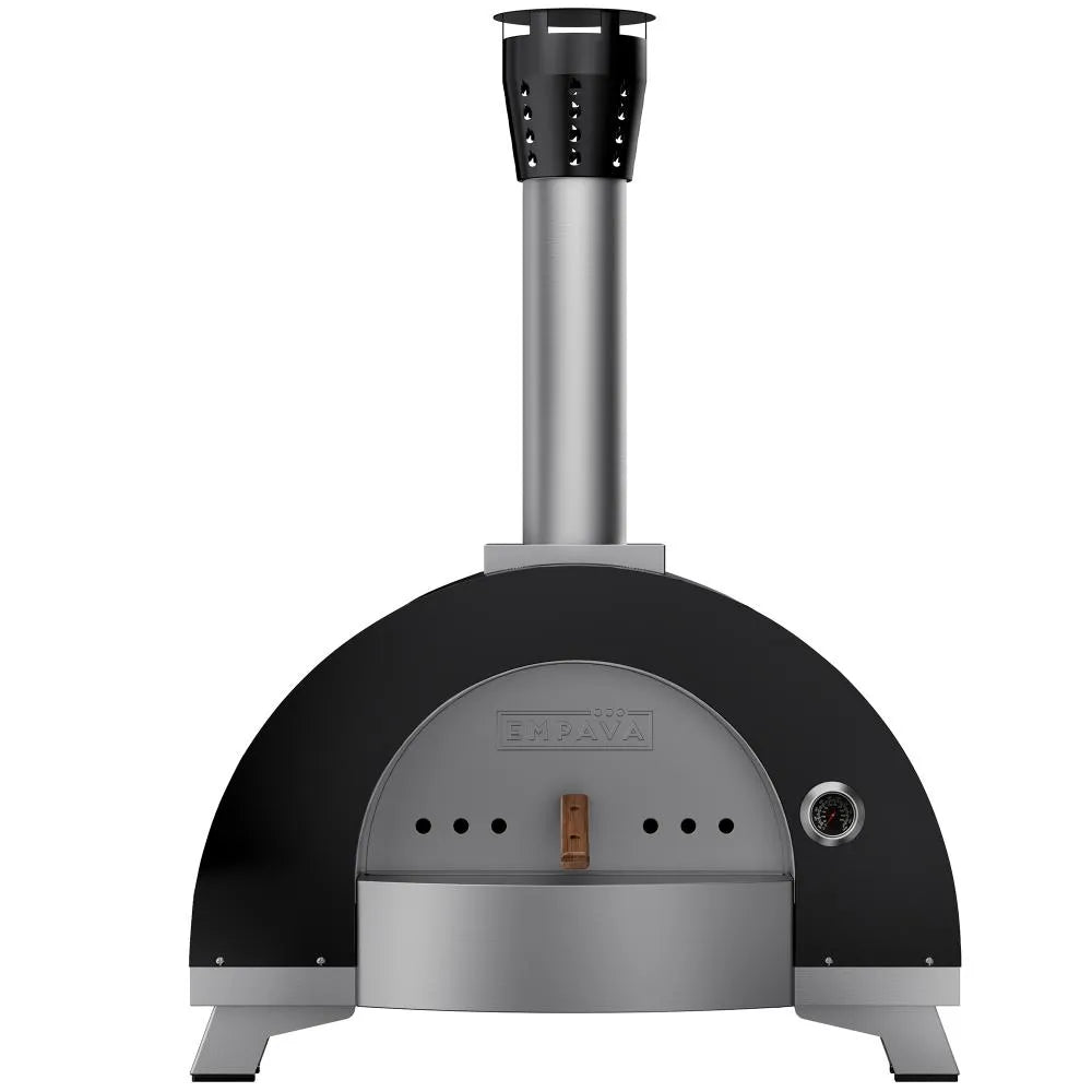 The Empava Outdoor Wood Fired Pizza Oven by Empava is a black and stainless steel oven with a chimney, built-in side thermometer, front door with wooden handle, and four sturdy legs for secure outdoor cooking.
