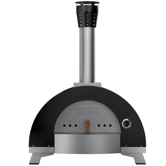 The Empava Outdoor Wood Fired Pizza Oven by Empava is a black and stainless steel oven with a chimney, built-in side thermometer, front door with wooden handle, and four sturdy legs for secure outdoor cooking.