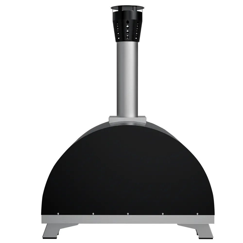 The Empava Outdoor Wood Fired Pizza Oven by Empava features a modern black and silver design with a tall chimney, shown front-facing against a white background.