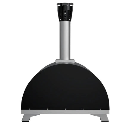 The Empava Outdoor Wood Fired Pizza Oven by Empava features a modern black and silver design with a tall chimney, shown front-facing against a white background.