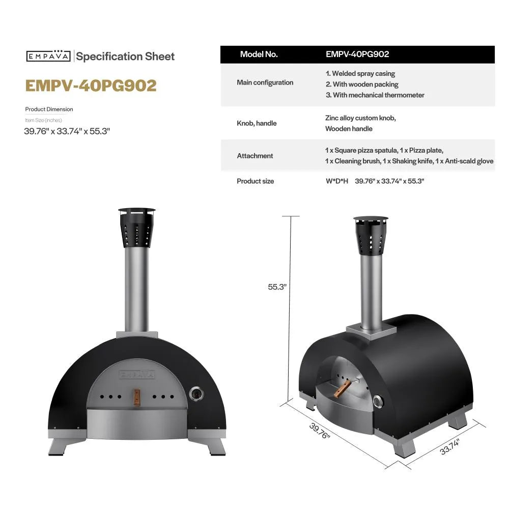 Empava Outdoor Wood Fired Pizza Oven specification sheet by Empava, displaying front and angled views, dimensions (39.76 x 33.74 x 55.3), features, plus included pizza peel and cleaning brush accessories.