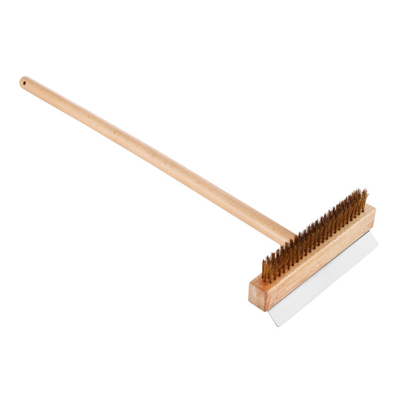 A long-handled wooden brush with stiff bristles and a metal scraper, ideal for cleaning grills, barbecue grates, or your Empava Outdoor Wood Fired Pizza Oven with Side Table EMPV-PG05 after outdoor cooking.