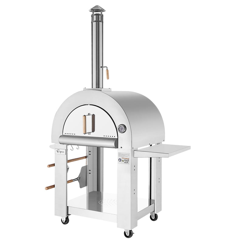 The Empava Outdoor Wood Fired Pizza Oven with Side Table EMPV-PG05 features stainless steel, wheels, tall chimney, wooden door handles, tool rack, storage hooks, and a side shelf—ideal for any backyard chef seeking convenience and quality.