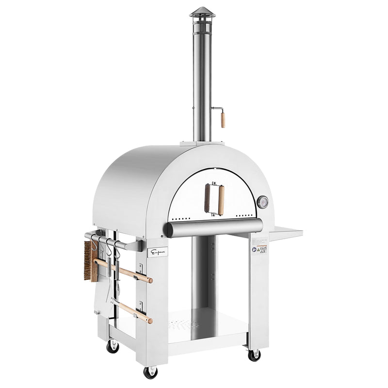 The Empava Outdoor Wood Fired Pizza Oven with Side Table (EMPV-PG05) features stainless steel construction, wheels, a chimney, side table, built-in thermometer, and hanging cooking utensils—perfect for outdoor pizza making.