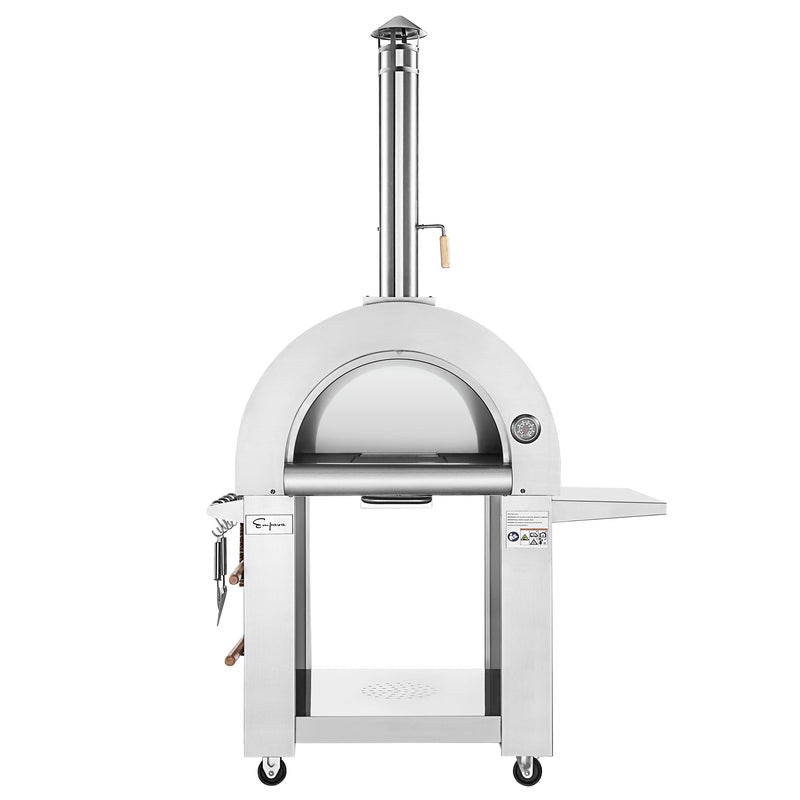 The Empava Outdoor Wood Fired Pizza Oven with Side Table (EMPV-PG05) features a stainless steel body, chimney, thermometer, left side shelf with hanging utensils, and wheels for easy mobility. Shown here on a white background.