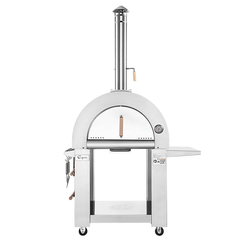 The Empava Outdoor Wood Fired Pizza Oven with Side Table (EMPV-PG05) features stainless steel, a chimney, built-in thermometer, front door with handle, side shelf, wheels for mobility, and left-side hooks for cooking tools.