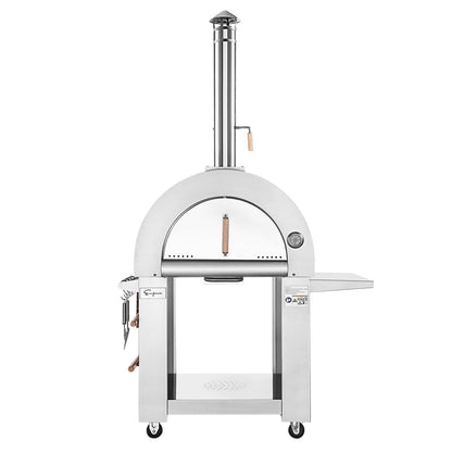 The Empava Outdoor Wood Fired Pizza Oven with Side Table (EMPV-PG05) features stainless steel, a chimney, built-in thermometer, front door with handle, side shelf, wheels for mobility, and left-side hooks for cooking tools.