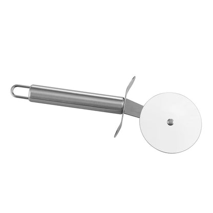 A stainless steel pizza cutter with a round, sharp blade and cylindrical handle, perfect for slicing hot pies made in the Empava Outdoor Wood Fired Pizza Oven with Side Table EMPV-PG05, shown against a white background.