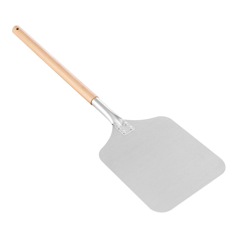 The Empava Outdoor Wood Fired Pizza Oven with Side Table EMPV-PG05 features a flat metal pizza peel with a long wooden handle, ideal for easily sliding pizzas in and out of your Empava oven.