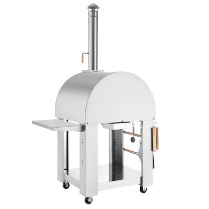The Empava Outdoor Wood Fired Pizza Oven with Side Table (EMPV-PG05) features a stainless steel build, wheeled base, domed top with chimney, side table, handles, an attached brush, and an open lower shelf for outdoor cooking and storage.