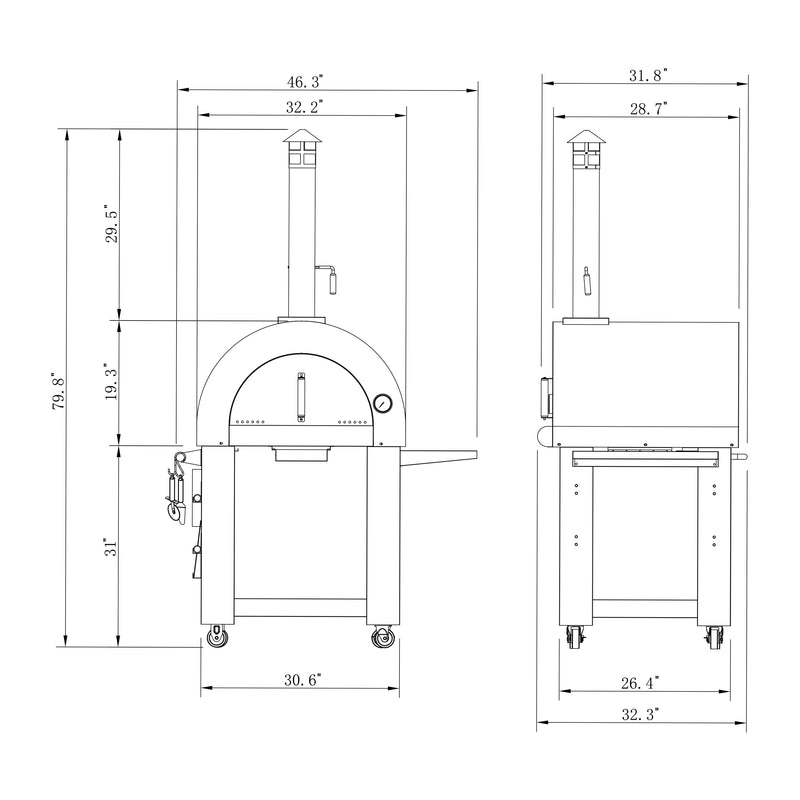 Technical drawing of the Empava Outdoor Wood Fired Pizza Oven with Side Table EMPV-PG05, showing front and side views, chimney, arched door, shelves, and wheels. Dimensions: 70.8" H x 46.3" W x 31.8" D. Ideal for outdoor use. Brand: Empava.