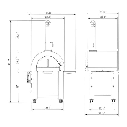 Technical drawing of the Empava Outdoor Wood Fired Pizza Oven with Side Table EMPV-PG05, showing front and side views, chimney, arched door, shelves, and wheels. Dimensions: 70.8" H x 46.3" W x 31.8" D. Ideal for outdoor use. Brand: Empava.
